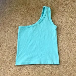 one shoulder sky blue tank top